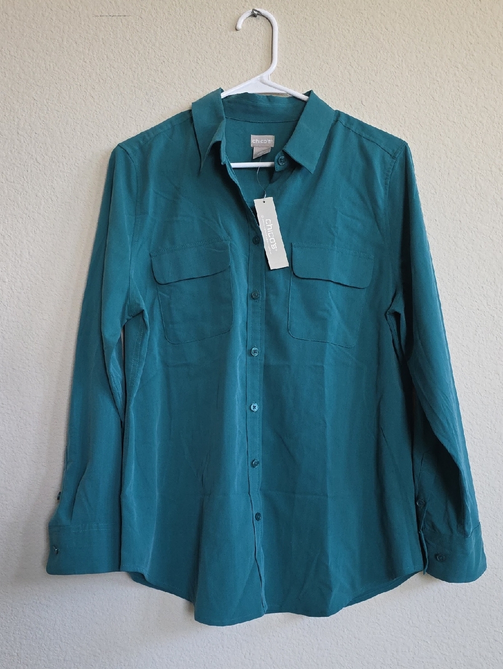 NWT Chico's Tapestry Teal Easy Shirt Button Front Silky Soft Sz 1 (US M)